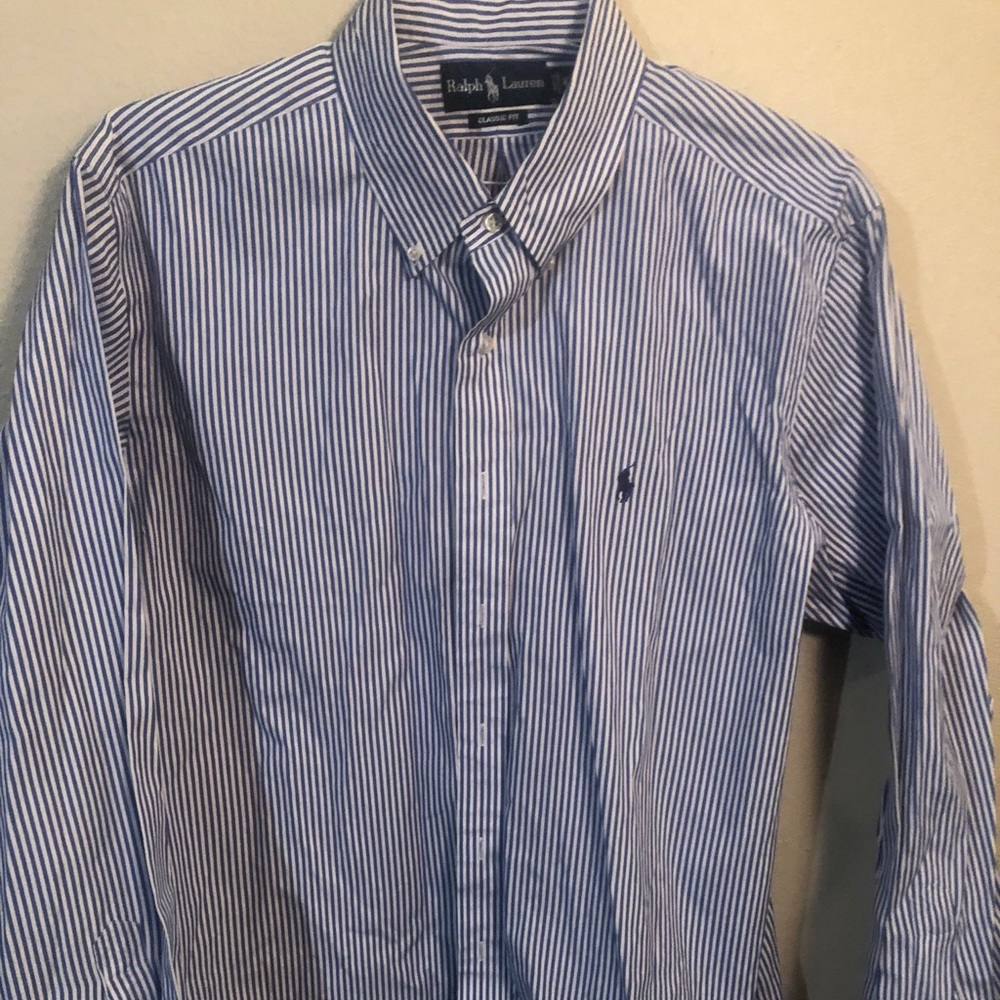 Long sleeve blue and white polo